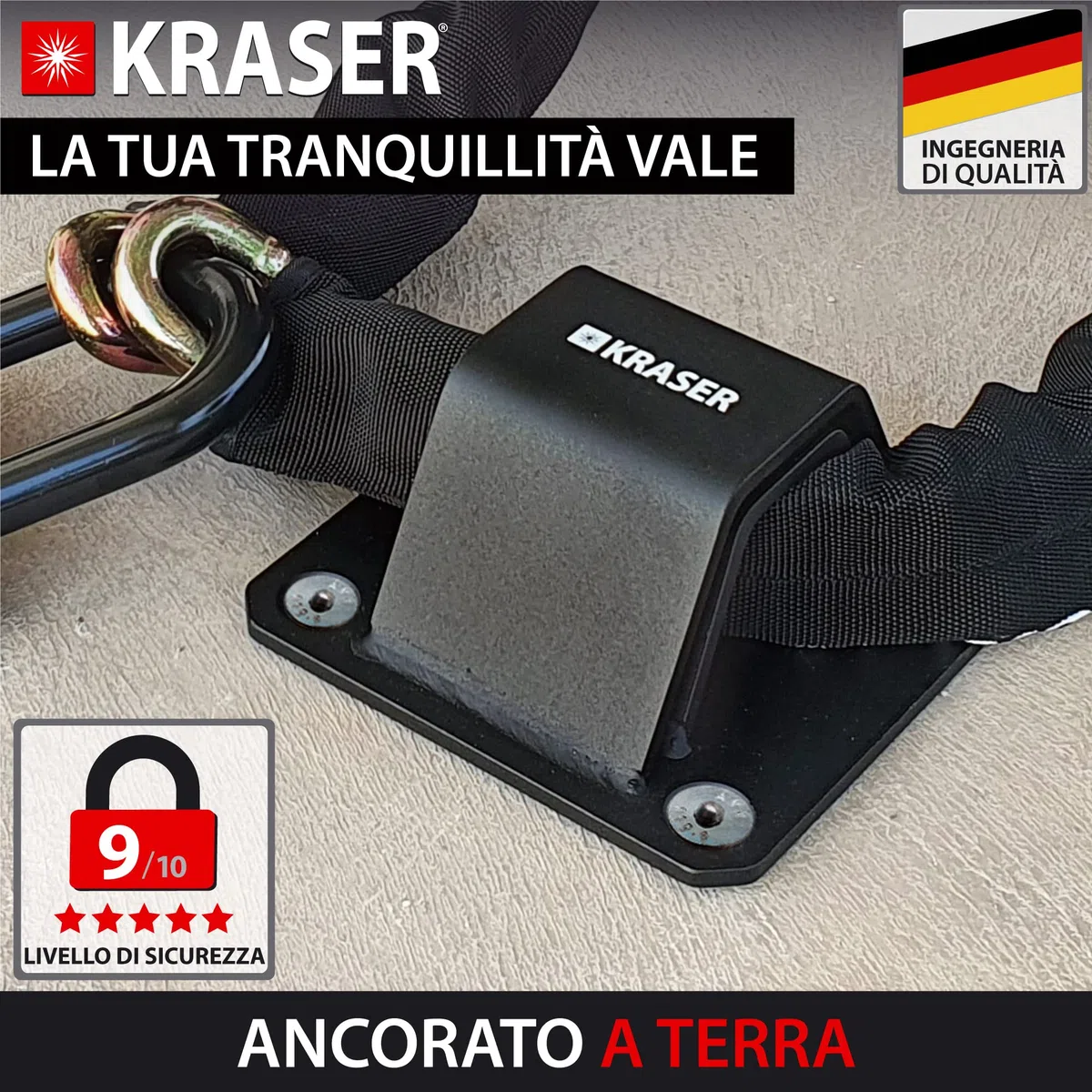 KRASER KR52B Antifurto a Pavimento o Muro in Acciaio ad Alta Resistenza Arco, Antiattacco + Base e 4 Punti di Ancoraggio, Vernice a Doppio Strato, Sicurezza Moto, Bici, Rimorchio