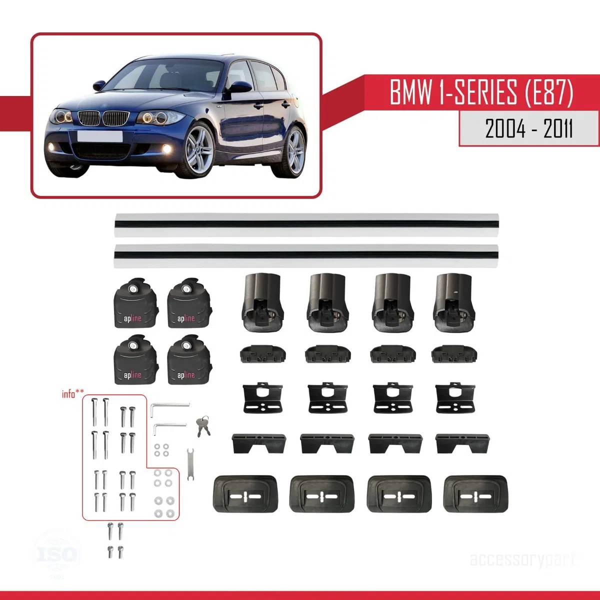 Compatibile con BMW Serie 1 (E87) 2004-2011 Modello ACE-3 Barre Tetto Portapacchi Auto Barre Portatutto Grigio Alluminio 2 Barre