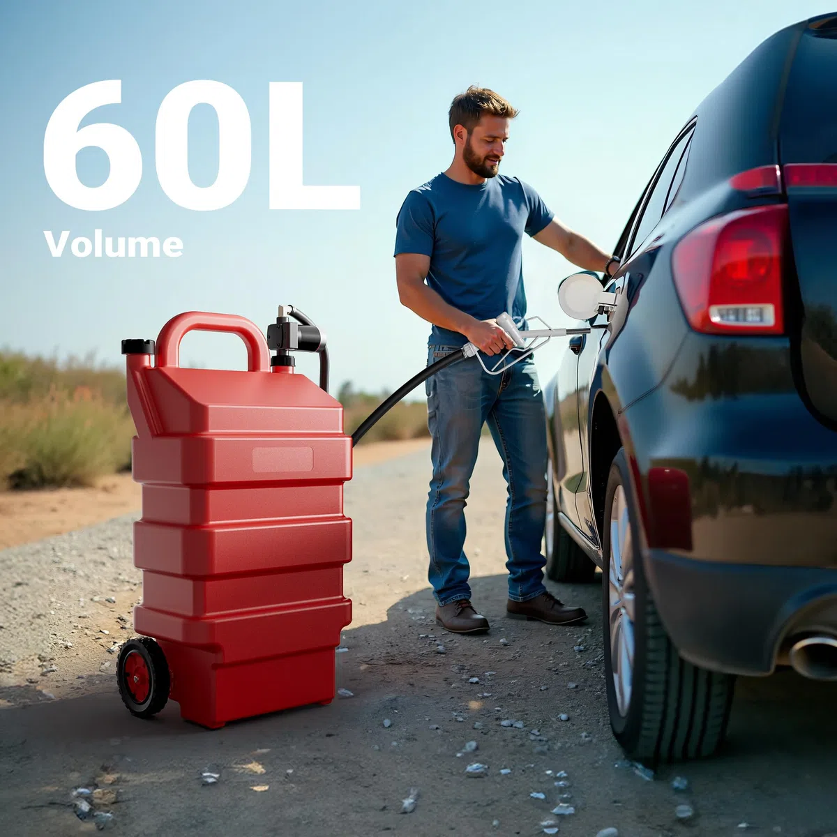 Wiltec Serbatoio per trasporto gasolio e benzina da 60 l con pompa 75W da 14 l/min, serbatoio carburante portatile, contenitore mobile per carburante