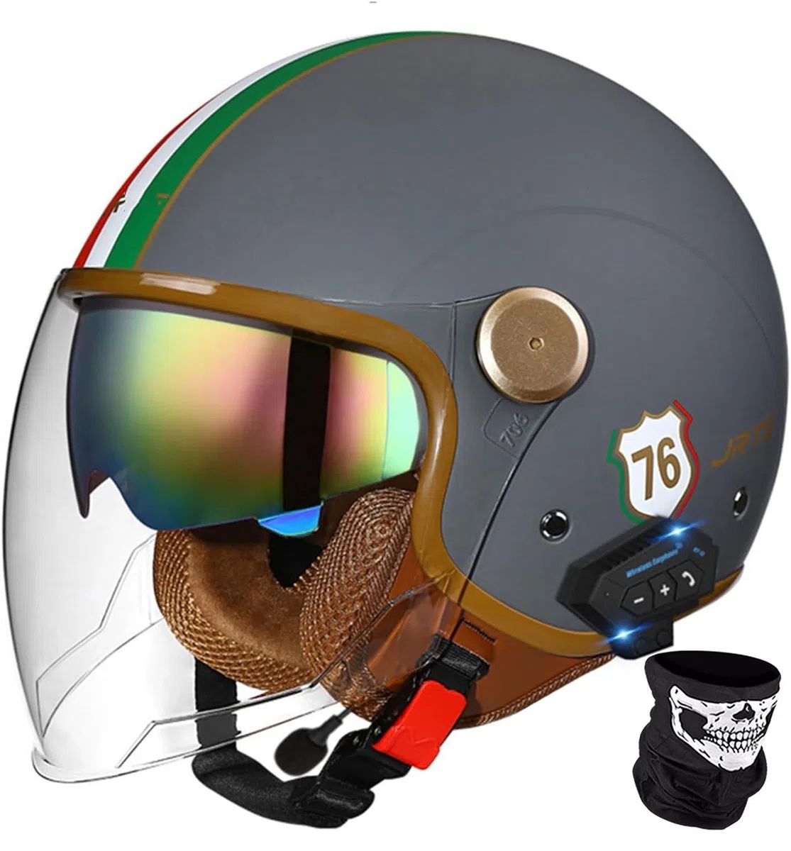 Casco Moto Bluetooth Casco Jet con Visiera Omologato ECE 3/4 Mezzo Casco Moto Aperto con Microfono Speaker per Donna E Uomo per Scooter Racing Crash Casco P