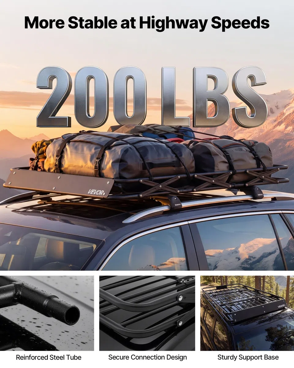 VEVOR Barra Portapacchi da Tetto da Auto, Portapacchi da Tetto per Auto 1626 x 990 x 102 mm Telaio Pieghevole a Forma di X, Carico max 90,72 kg Universale per SUV Furgoni, Campeggio, Viaggio, Pesca