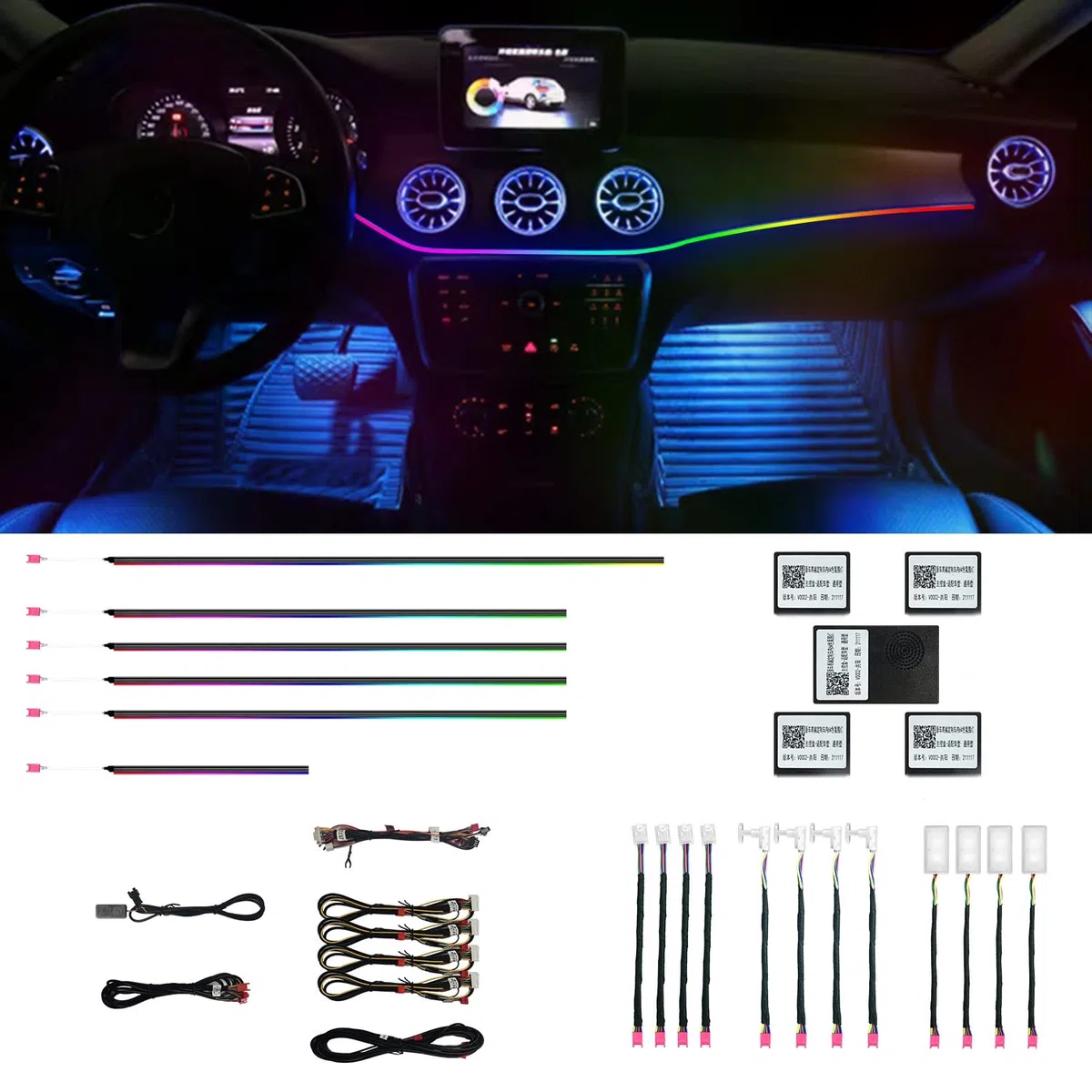 Luci ambiente per interni auto HMYC, striscia in fibra ottica acrilica con 128 LED colorati 18 in 1, decorazione universale con molteplici modalità e sincronizzazione musicale, controllo tramite APP