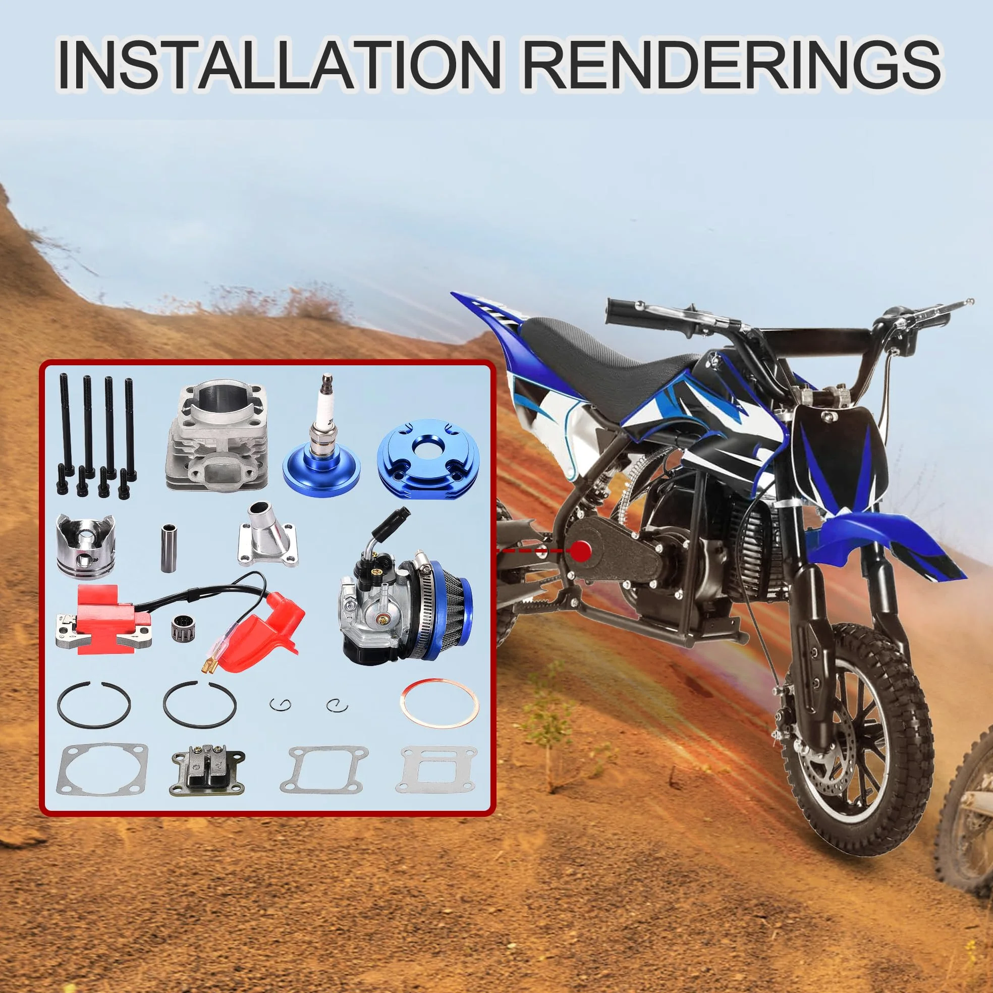 GOOFIT Blu 44-6 Kit a Pistoni a Cilindro a Grande Foratura con Set di Bobina di Accensione del Filtro dell'Aria del Carburatore Sostituzione per 43cc 47cc 49cc Pocket Bike ATV Quad Mini Motocross