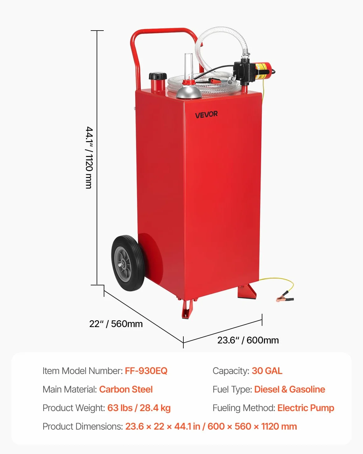 VEVOR Serbatoio Carburante, per Benzina e Gasolio con Pompa Elettrica, Serbatoio Stoccaggio Portatile con 2 Ruote Tubo Flessibile, Contenitore Benzina 136 L, Flusso Massimo 32L Ogni Minuto