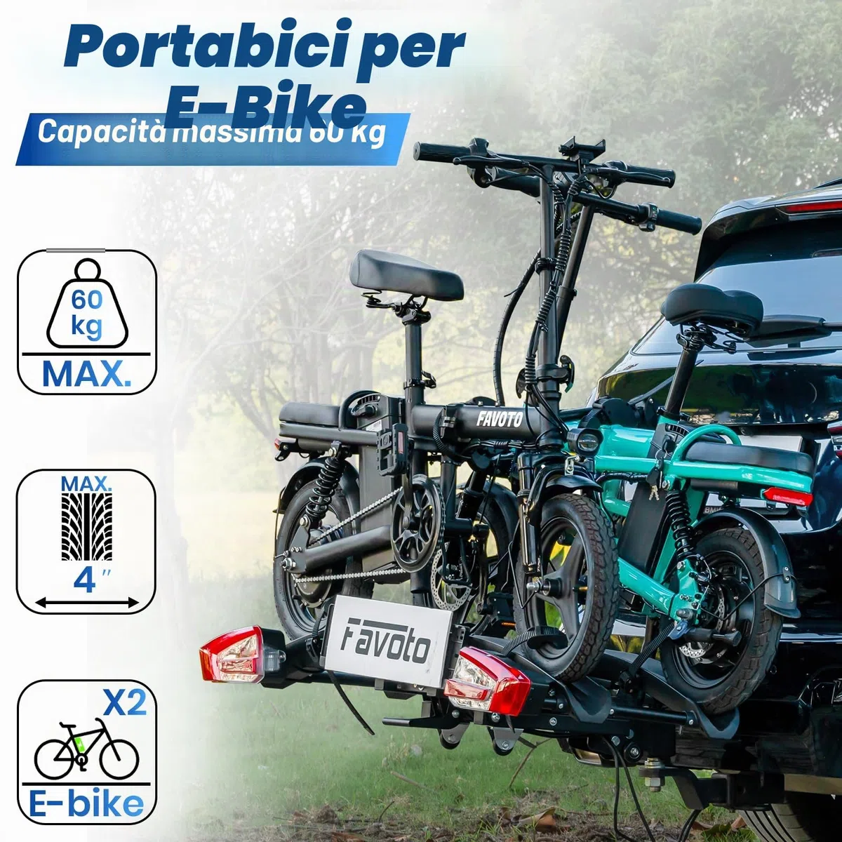 Favoto Portabici per E-Bike con Rampa Pieghevole – Gancio Traino in Alluminio per 2 Bici fino a 60kg con Fanali Posteriori Serratura Antifurto e Porta Targa Compatibile con Pneumatici fino a 26x4.0"
