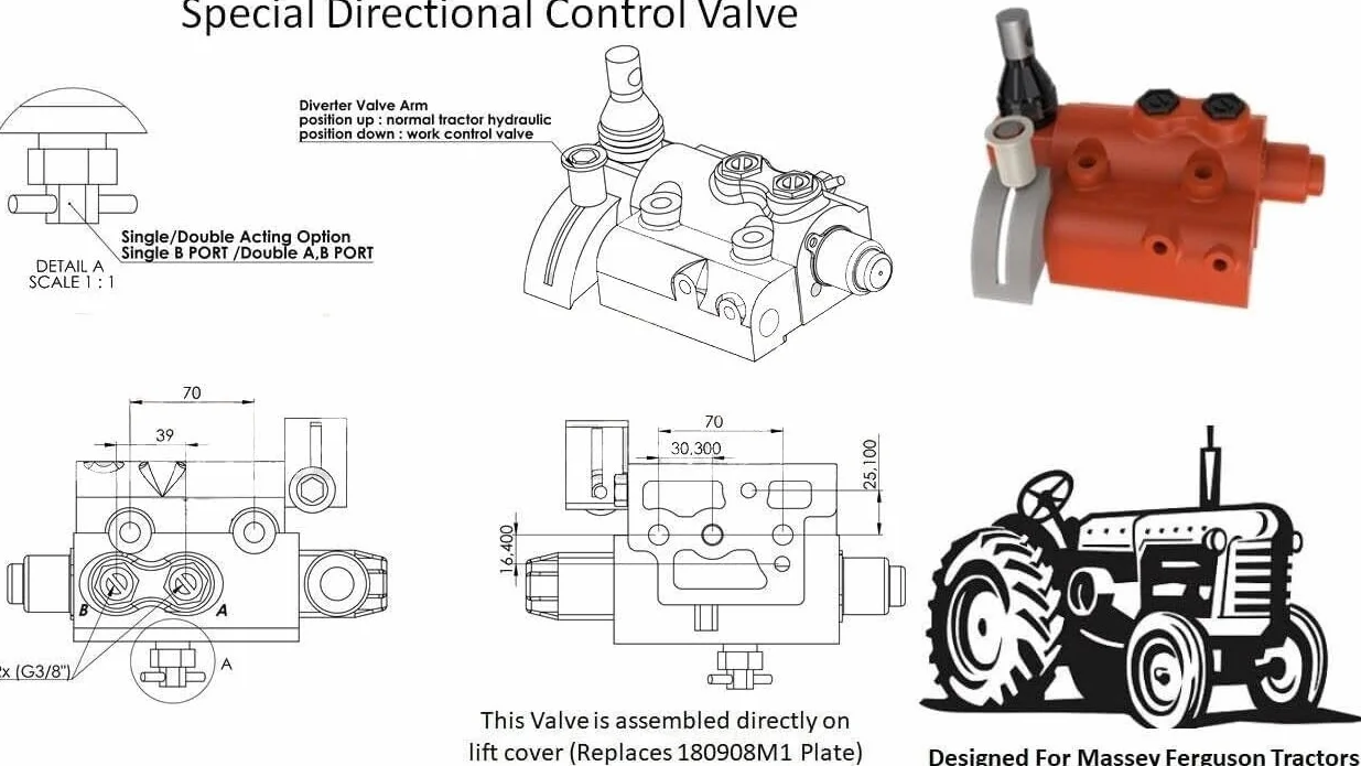 Kit Distributore Ausiliario 2 leva Compatibile per trattore Massey Ferguson MF 135, 150, 165, 175, 180, 230, 231, 235, 240, 245, 25, 250, 253, 255, 265, 270, 275, 285