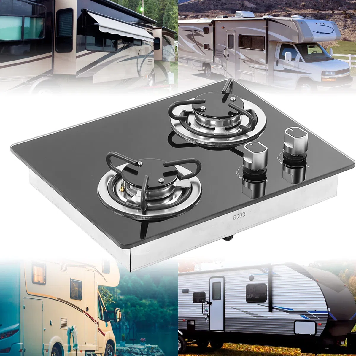 Fornello a Gas per Camper, Pannello in Vetro Temperato a 2 Fuochi da 1,8 KW, Piano Cottura a Gas da Cucina, Regolazione della Potenza di Fuoco a più Livelli per Barca, Roulotte,