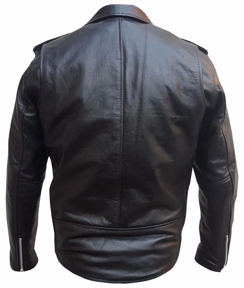 BS MOTO - Giacca chiodo da motociclista in vera pelle bovina, stile Marlon Brando (Nero