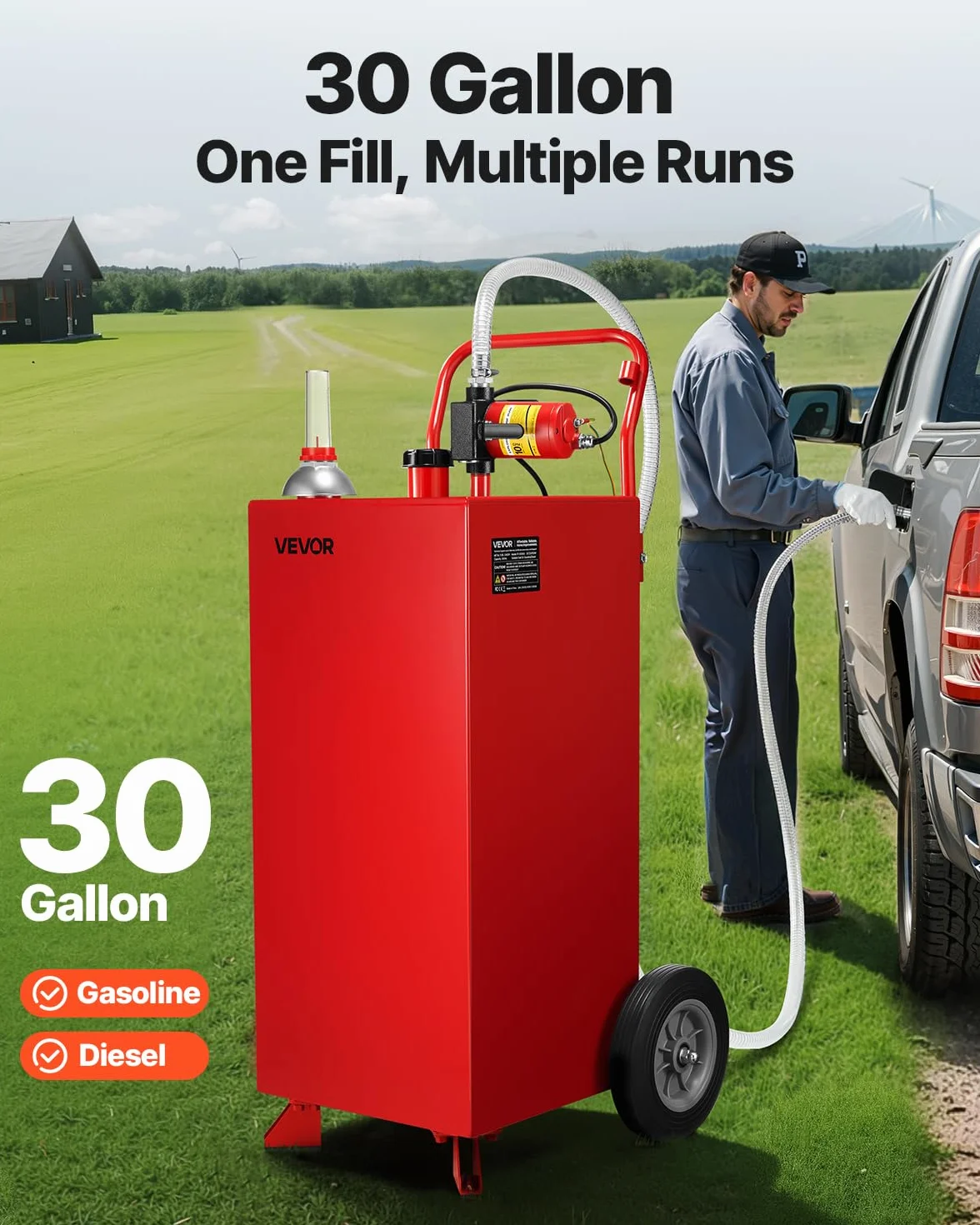 VEVOR Serbatoio Carburante, per Benzina e Gasolio con Pompa Elettrica, Serbatoio Stoccaggio Portatile con 2 Ruote Tubo Flessibile, Contenitore Benzina 136 L, Flusso Massimo 32L Ogni Minuto