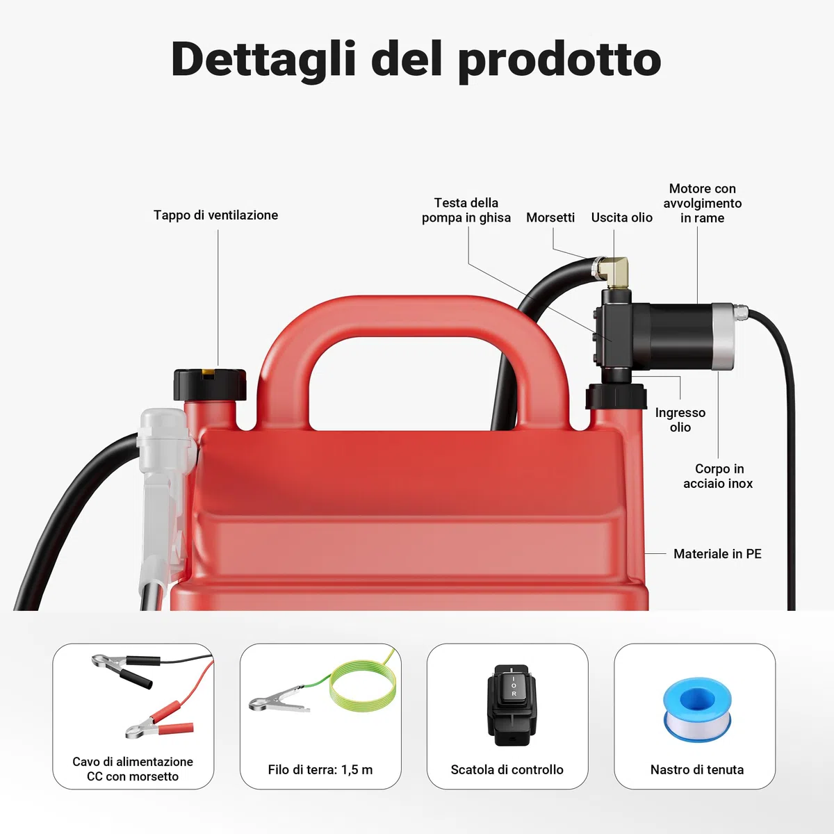 Wiltec Serbatoio per trasporto gasolio e benzina da 60 l con pompa 75W da 14 l/min, serbatoio carburante portatile, contenitore mobile per carburante