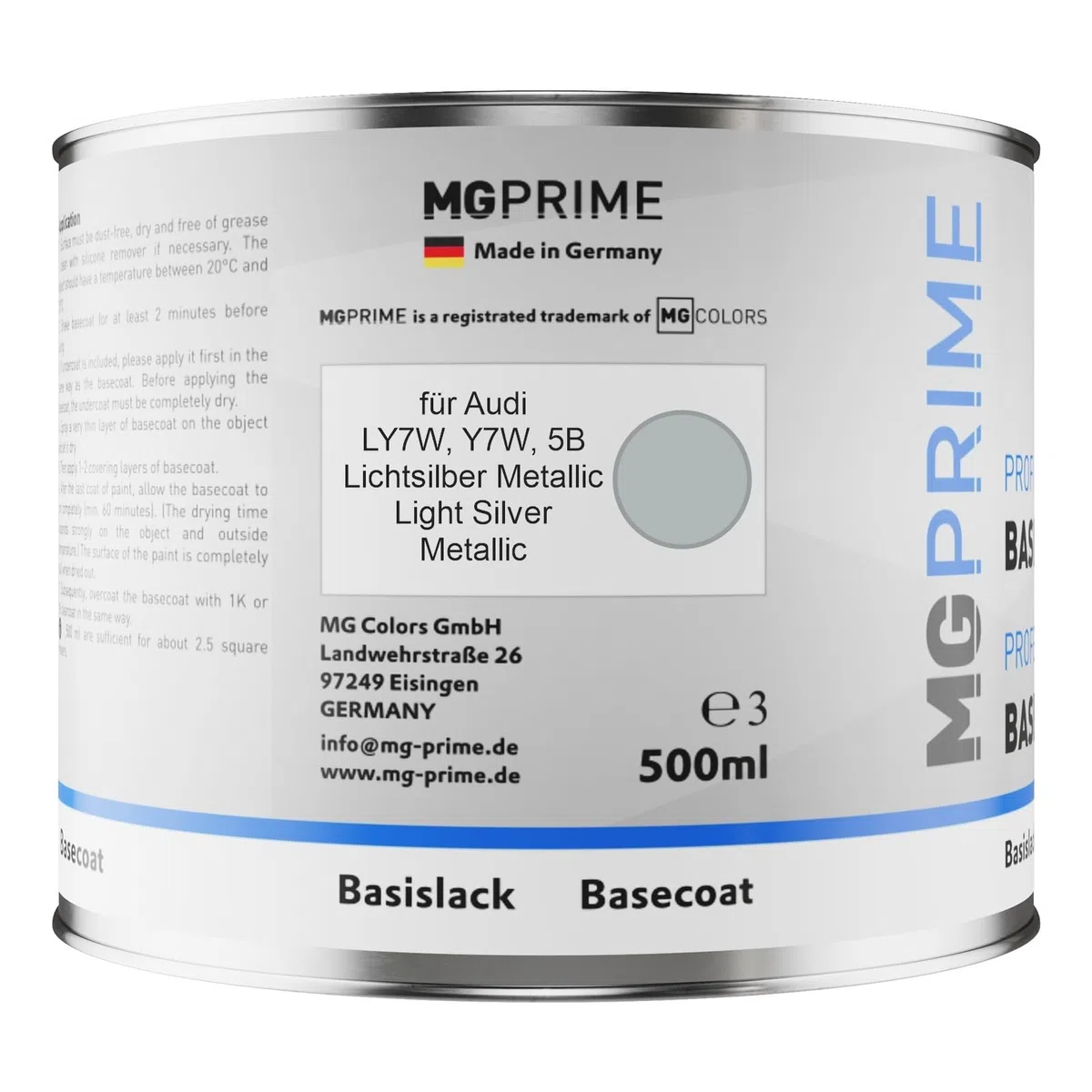 MG PRIME Vernice per auto Kit barattolo pronto all’uso per Audi LY7W / Y7W / 5B Lichtsilber Metallic/Light Silver Metallic Vernice di base + vernice trasparente 2K 1,25L