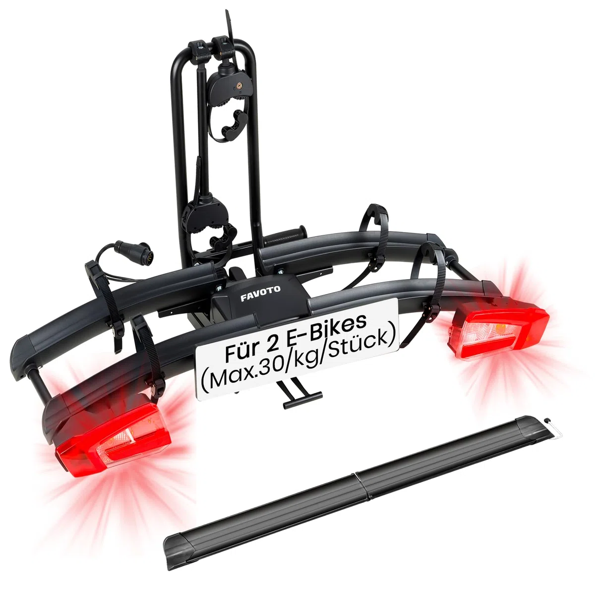 Favoto Portabici per E-Bike con Rampa Pieghevole – Gancio Traino in Alluminio per 2 Bici fino a 60kg con Fanali Posteriori Serratura Antifurto e Porta Targa Compatibile con Pneumatici fino a 26x4.0"