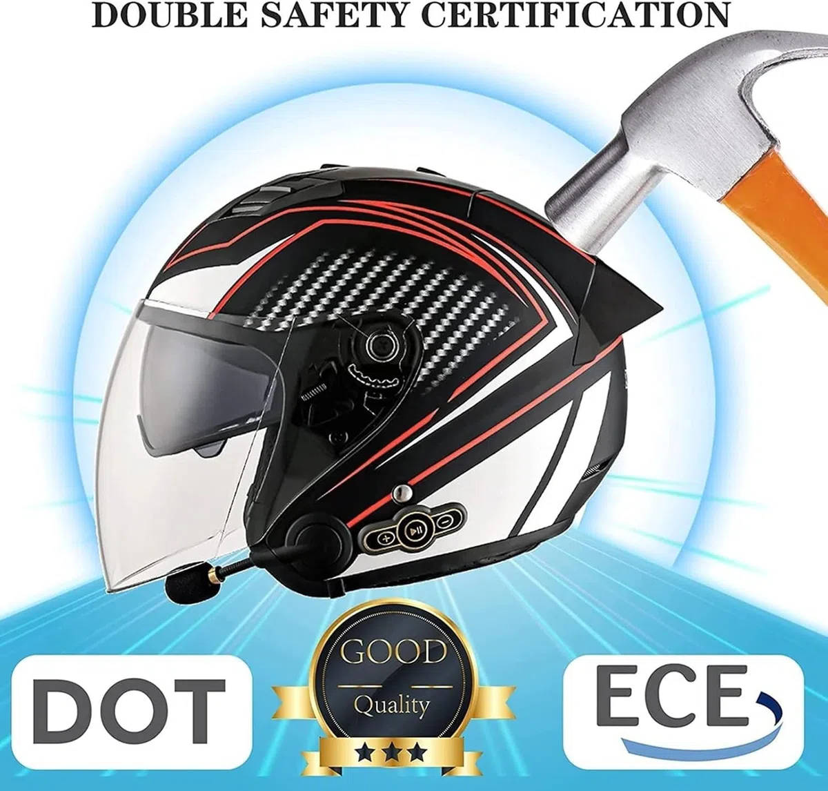 Casco Bluetooth integrato per adulti, casco jet scooter certificazione ECE, casco scooter, casco jet uomo e donna con doppia visiera F, M57-58CM