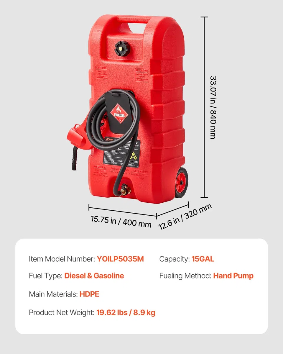 VEVOR Serbatoio di Carburante Portatile 56,78 L Modalità Pompa a Gravità e Manuale, Contenitore per Serbatoio di Carburante con Ruote, Tubo di Mandata 3,04 m e Pompa Manuale, per Motoscafi, Benzina