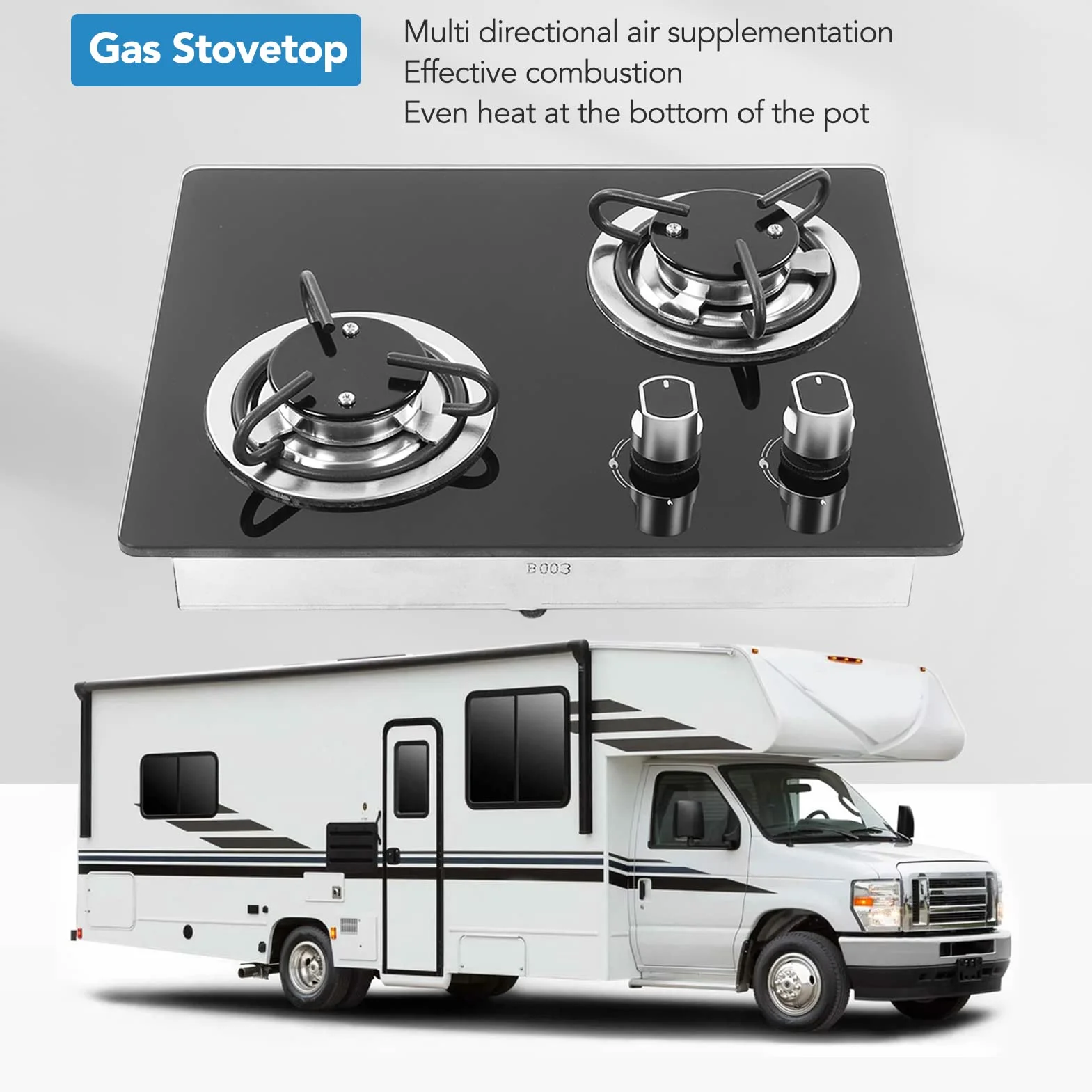 Fornello a Gas per Camper, Pannello in Vetro Temperato a 2 Fuochi da 1,8 KW, Piano Cottura a Gas da Cucina, Regolazione della Potenza di Fuoco a più Livelli per Barca, Roulotte,