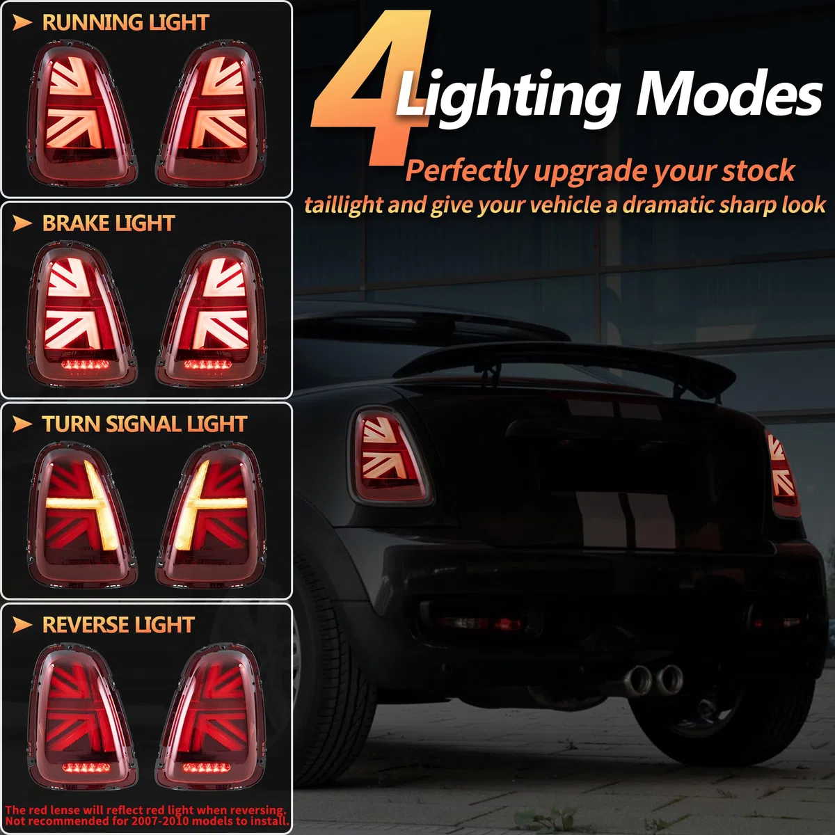 VLAND Union Jack Fari Posteriori LED per Mini Cooper R56 R57 R58 R59 2011-2013 [Non per 2007-2010], con indicatori di direzione dinamici, 1 set (lato guidatore + passeggero) (Rosso)