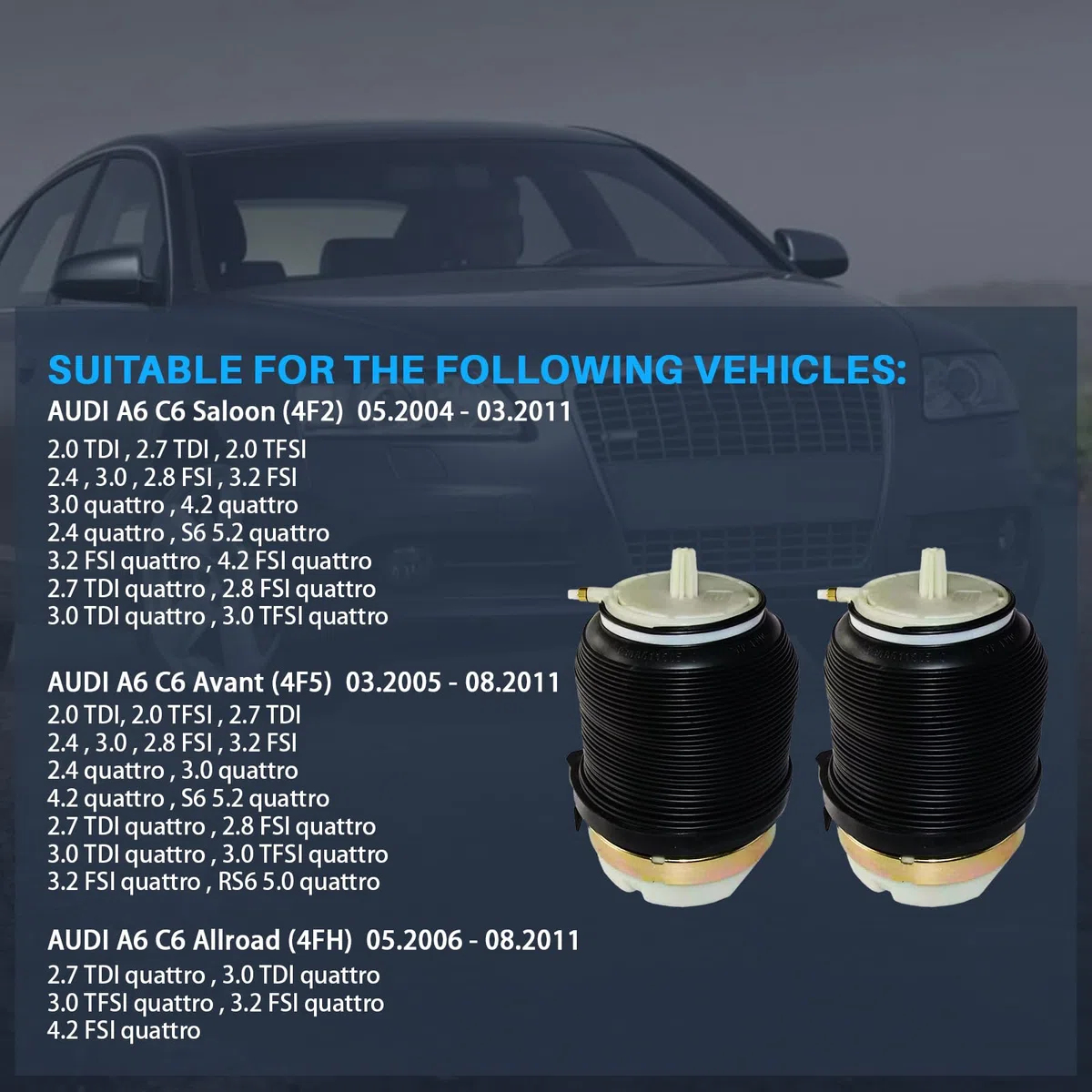 Coppia di sospensioni pneumatiche per asse posteriore compatibile con A6 4F2 C6 Avant 4F5 Allroad 4FH 2.0L-5.2L 2004-2011, ricambio per 4J4000A 4F0616001J01
