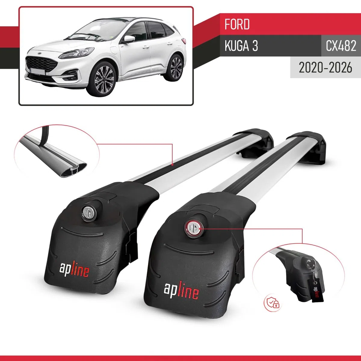 Compatibile con Ford Kuga 3 (CX482) 2020-2026 Modello ACE-2 Barre Tetto Portapacchi Auto Barre Portatutto Grigio Alluminio 2 Barre