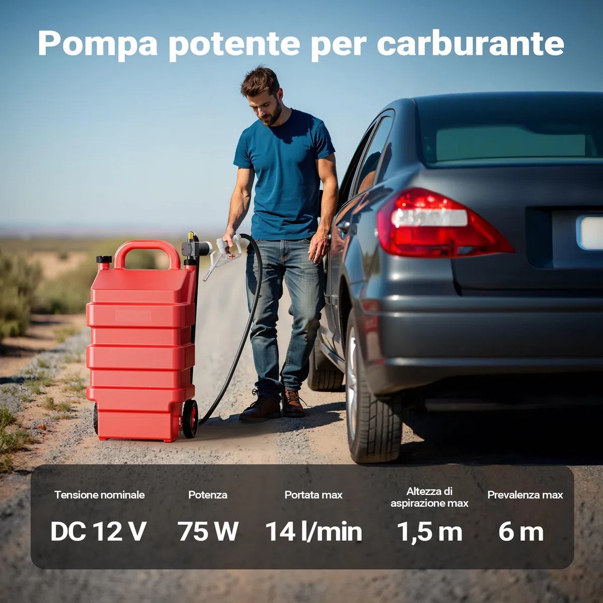 Wiltec Serbatoio per trasporto gasolio e benzina da 60 l con pompa 75W da 14 l/min, serbatoio carburante portatile, contenitore mobile per carburante