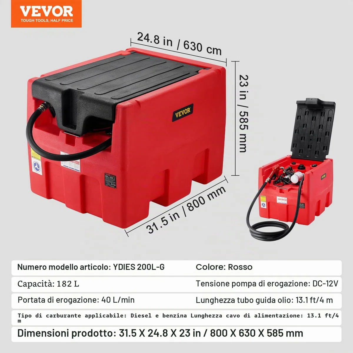 VEVOR Serbatoio Benzina Diesel Portatile 182L, Serbatoio Rifornimento Carburante, Pompa di Trasferimento 12V, 40 L/Min, Tubo Flessibile 4 m, Pistola per Rifornimento per Veicoli Settore Agricolo