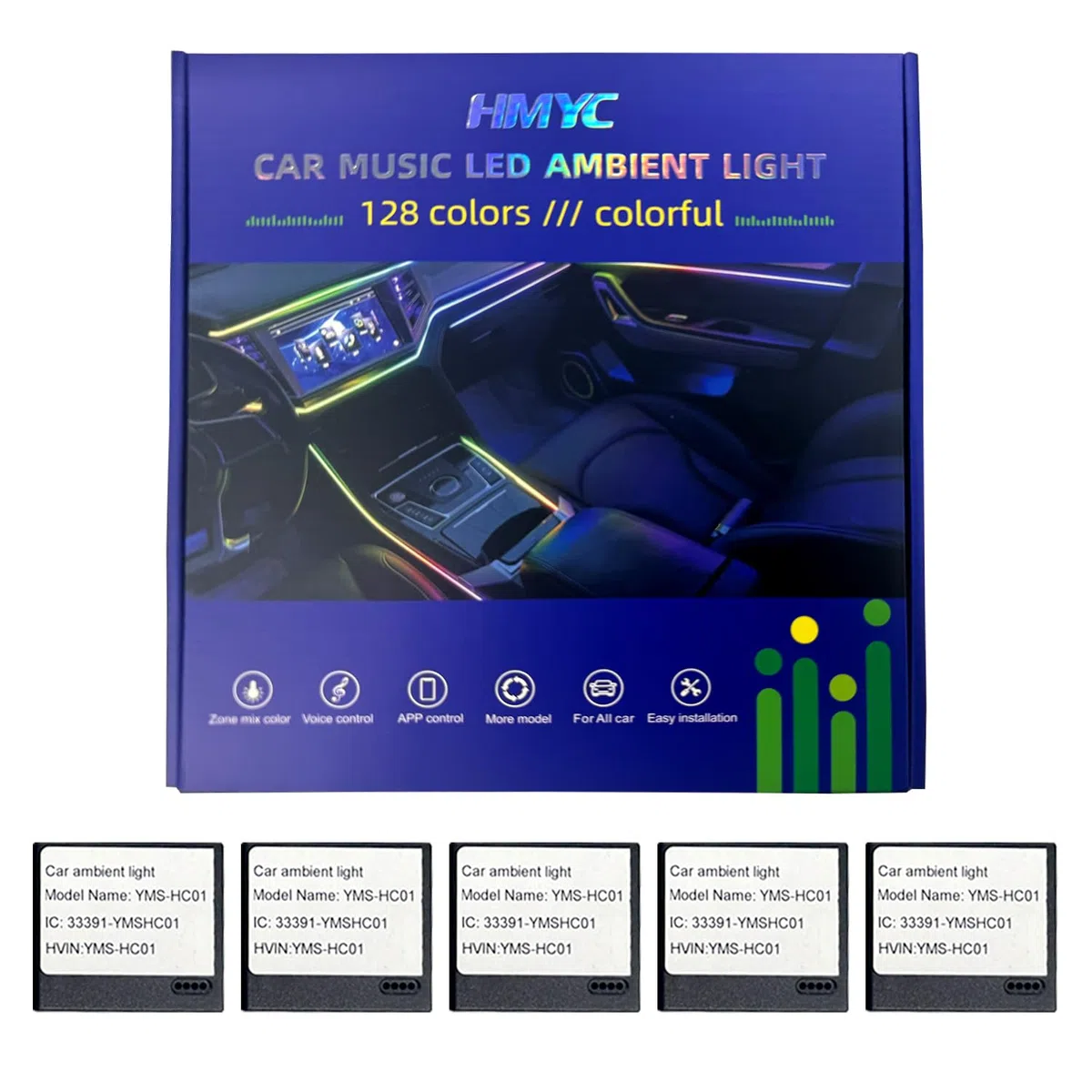 Luci ambiente per interni auto HMYC, striscia in fibra ottica acrilica con 128 LED colorati 18 in 1, decorazione universale con molteplici modalità e sincronizzazione musicale, controllo tramite APP