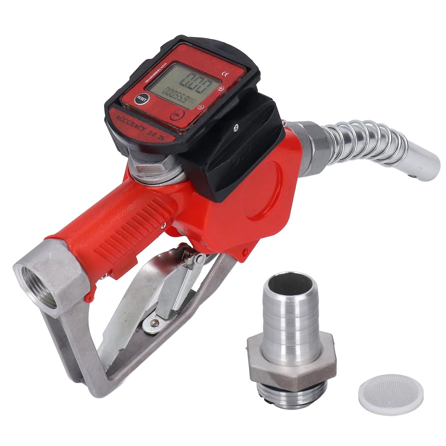 Pistola per Erogazione Carburante Automatica 1 Pollice BSP con Contatore Digitale Lega di Alluminio Ugello con Arresto Automatico per Benzina Cherosene 10-60L/min Blocco a 3 Posizioni