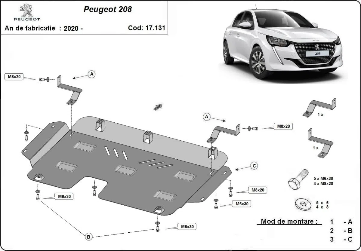 Protezione motore in metallo compatibile con Peugeot 208.