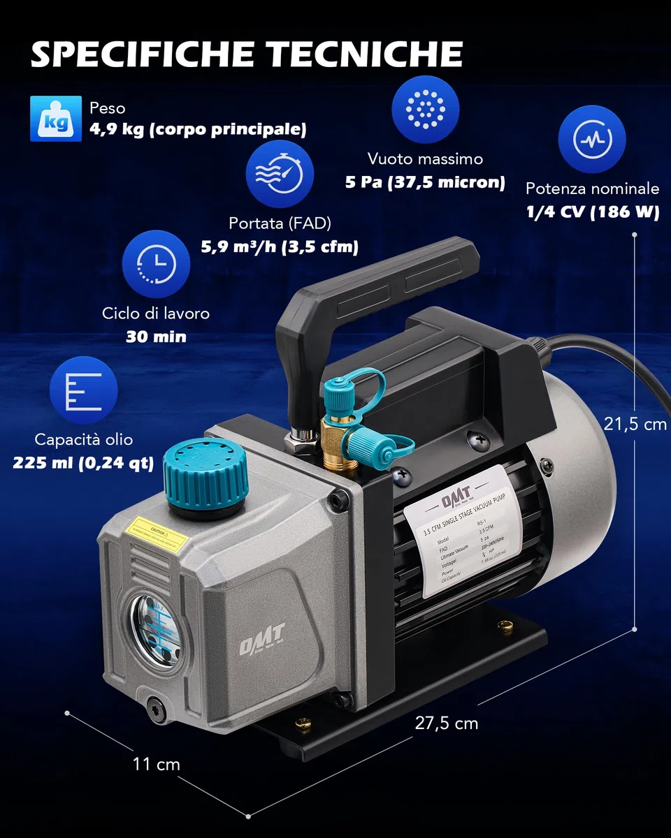Orion Motor Tech Pompa Vuoto da 3,5 CFM e 1/4 hp, 186W Pompa per Vuoto Monostadio HVAC per R12 R22 R134a R410a R1234yf Pompa a Vuoto per Condizionatori per Auto Degasaggio Resine e Altro, Olio Incluso