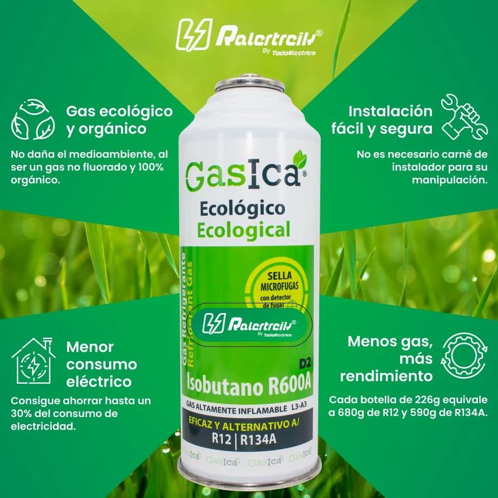Confezione risparmio GASICA D2 (2 bottiglie da 226 Gr) Gas Refrigerante Ecologico Benzica D2 sostituto R12, R134A più tubo con chiave ricarica Gas