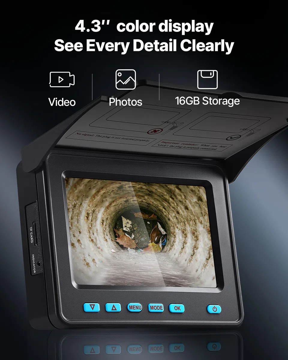 VEVOR Telecamera per Fognatura 30 m, Endoscopio Industriale con Schermo HD 480P, Telecamere Idrauliche a Serpente Impermeabili IP68 con 6 LED e Scheda da 16 GB per Tubi di Condotta Fognaria