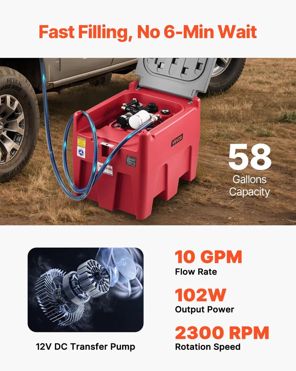 VEVOR Serbatoio Portatile per Benzina 220 Litri Portata 10 GPM, Serbatoio per Carburante Diesel con Pompa di Trasferimento Elettrica 102W, Tubo Flessibile, Trasporto del Carburante, Rosso