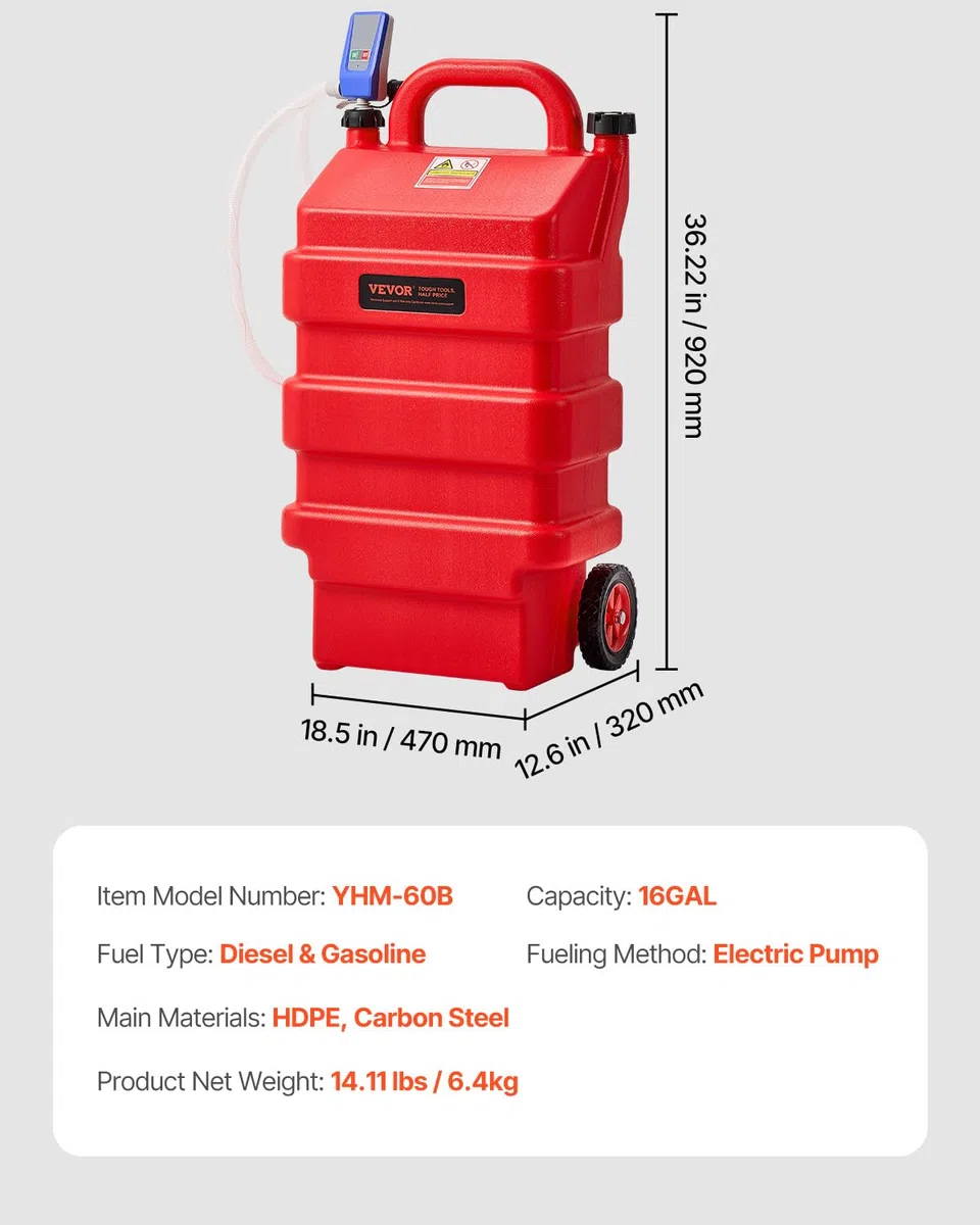VEVOR Serbatoio di Carburante Portatile da 60,56 L Contenitore di Benzina, Pompa di Trasferimento del Carburante Elettrica 12 V CC 11,36 L/min Tubo di Mandata da 1,21 m per Diesel Benzina, Rosso
