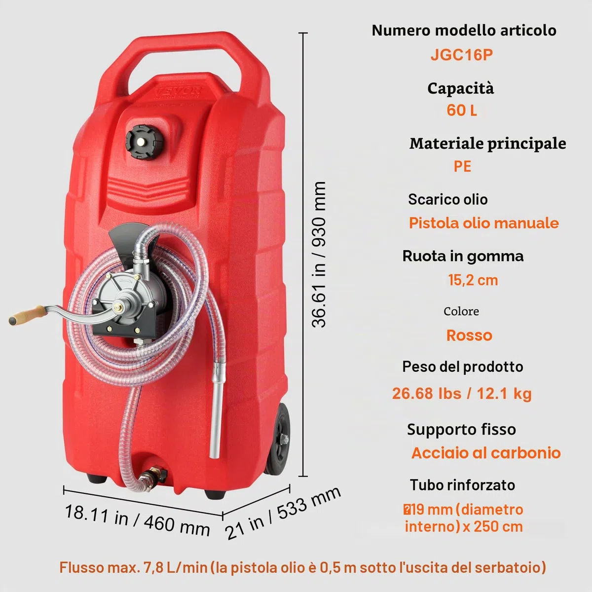 VEVOR Contenitore per Carburante 16 Galloni, 7,8 L/min, Contenitore per Serbatoio Portatile con Ruote in Gomma per Pompa Manuale Trasferimento Carburante per Benzina Diesel Auto Barca Tosaerba