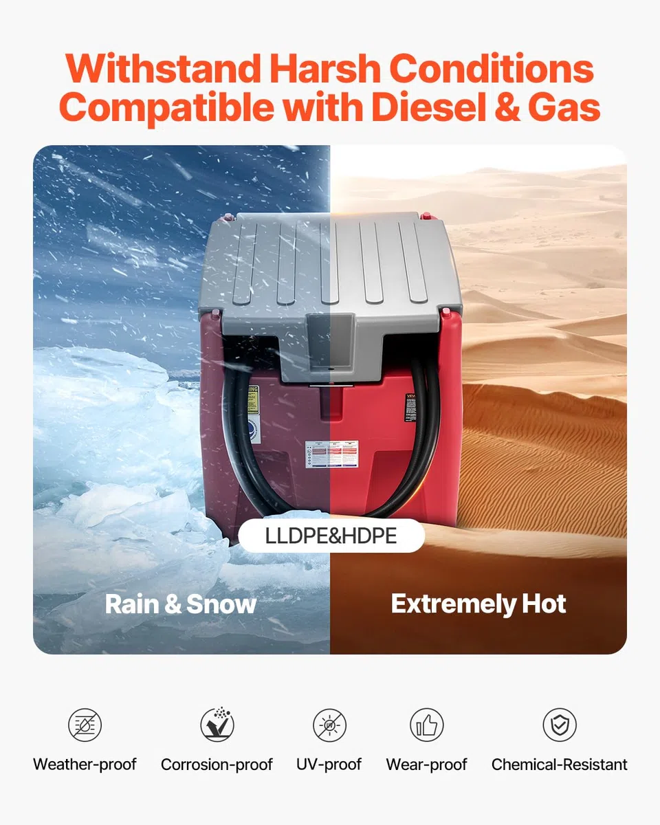 VEVOR Serbatoio Portatile per Benzina 220 Litri Portata 10 GPM, Serbatoio per Carburante Diesel con Pompa di Trasferimento Elettrica 102W, Tubo Flessibile, Trasporto del Carburante, Rosso