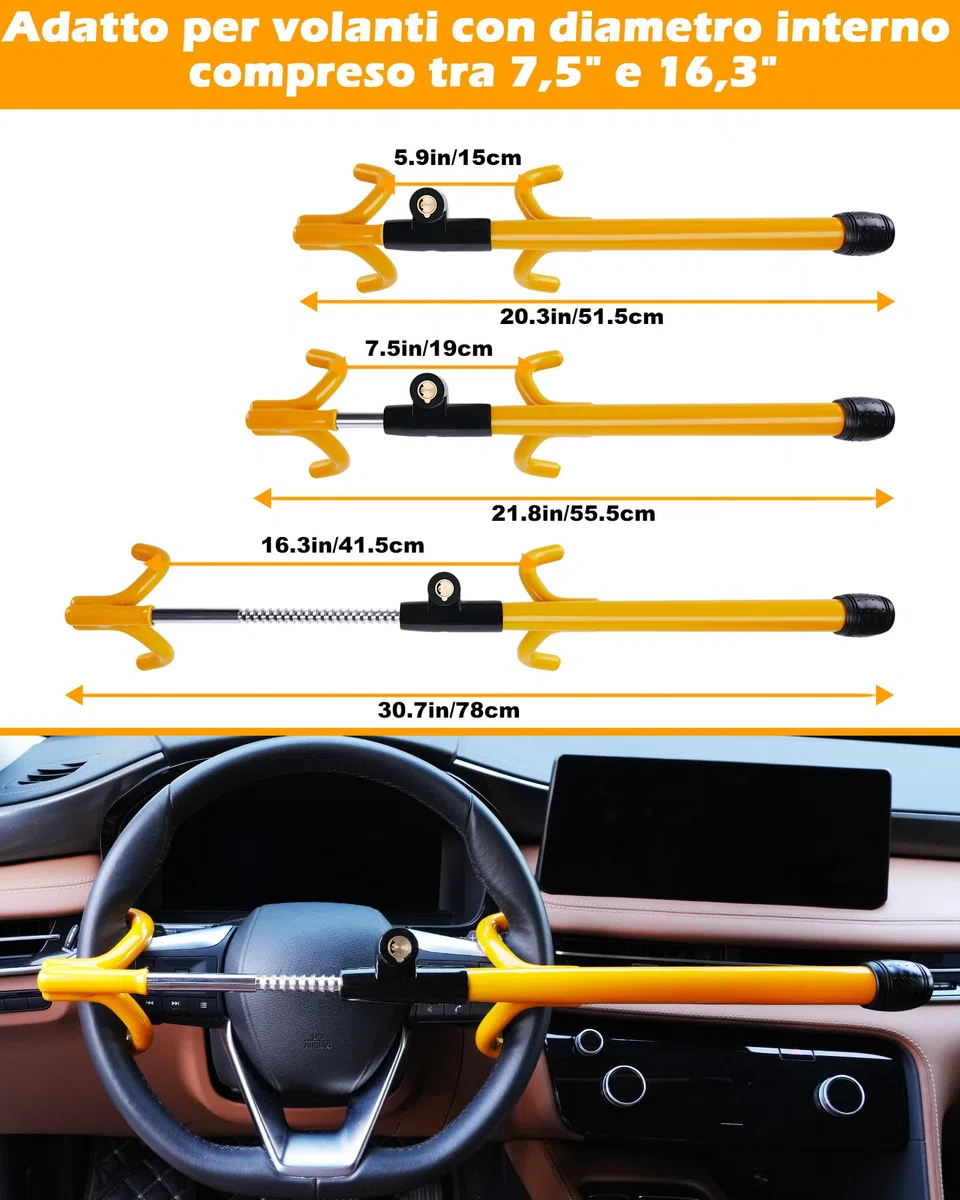 Tevlaphee Bloccasterzo a 4 Ganci, Dispositivo Antifurto Robusto ad Alta Visibilità, Compatibilità Universale per Auto, Furgoni, SUV, Adatto a Volanti fino a 41,5 cm, con 3 Chiavi(Giallo)