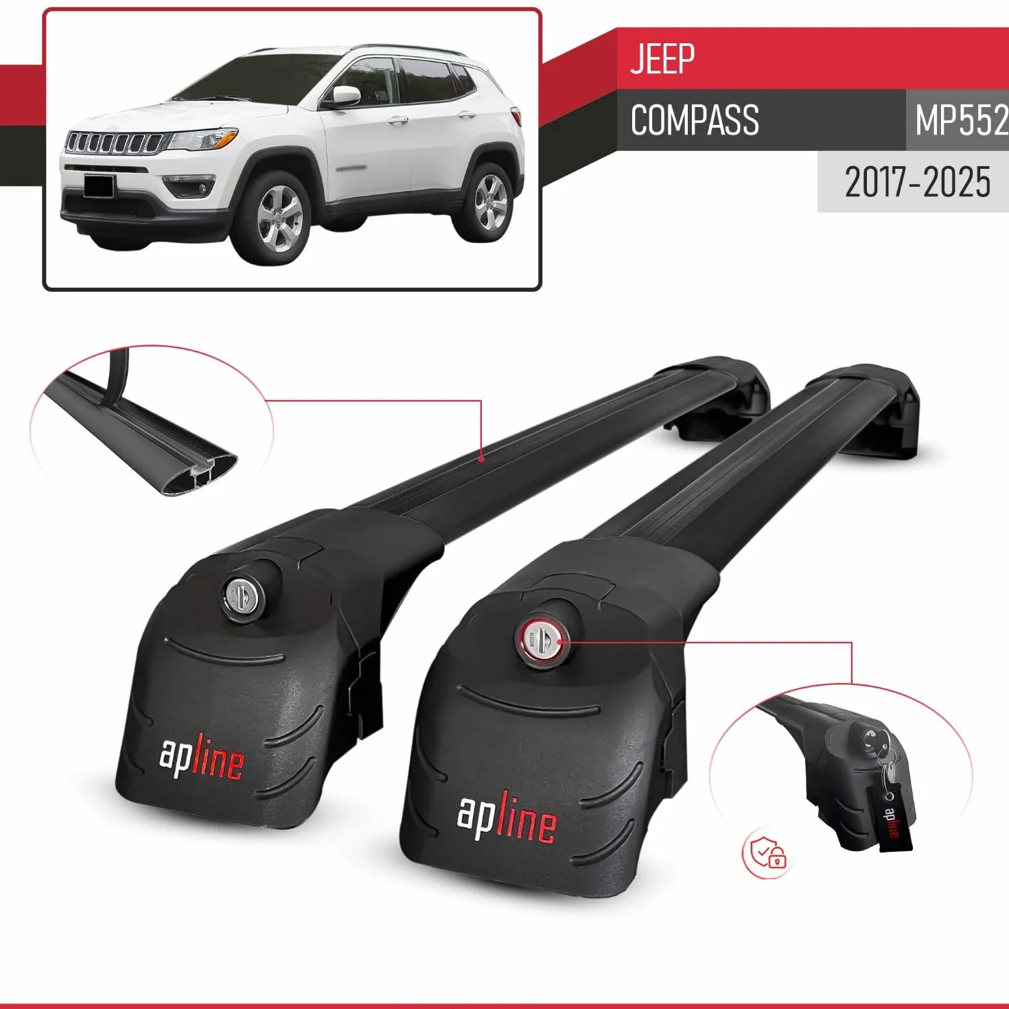 Compatibile con Jeep Compass (MP552) 2017-2025 Modello ACE-2 Barre Tetto Portapacchi Auto Barre Portatutto Nero Alluminio 2 Barre