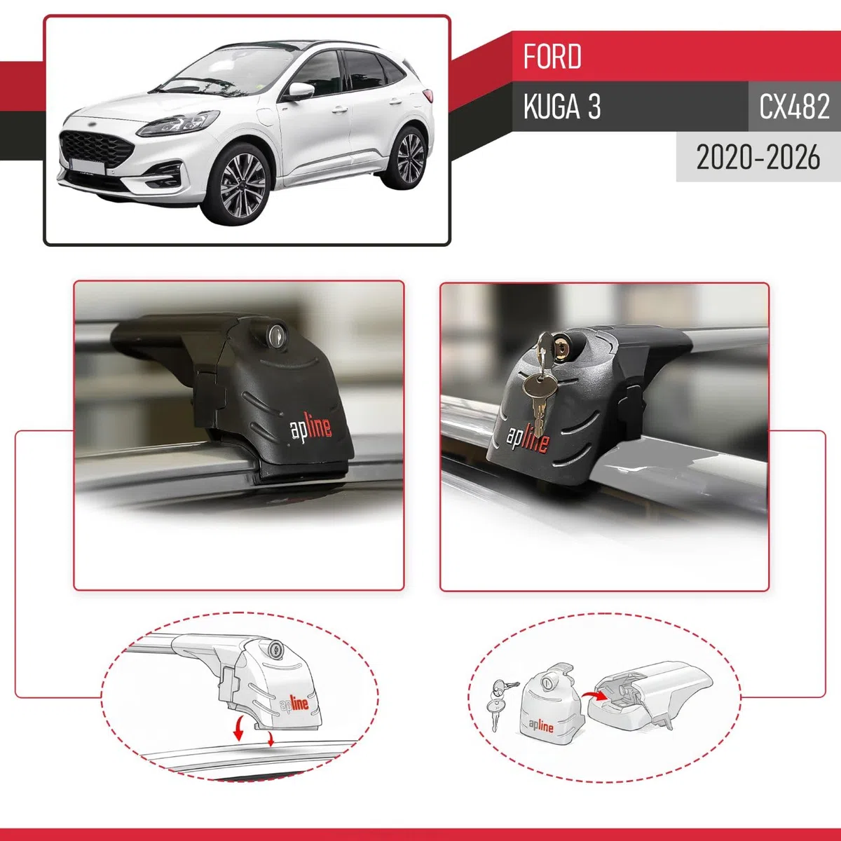 Compatibile con Ford Kuga 3 (CX482) 2020-2026 Modello ACE-2 Barre Tetto Portapacchi Auto Barre Portatutto Grigio Alluminio 2 Barre