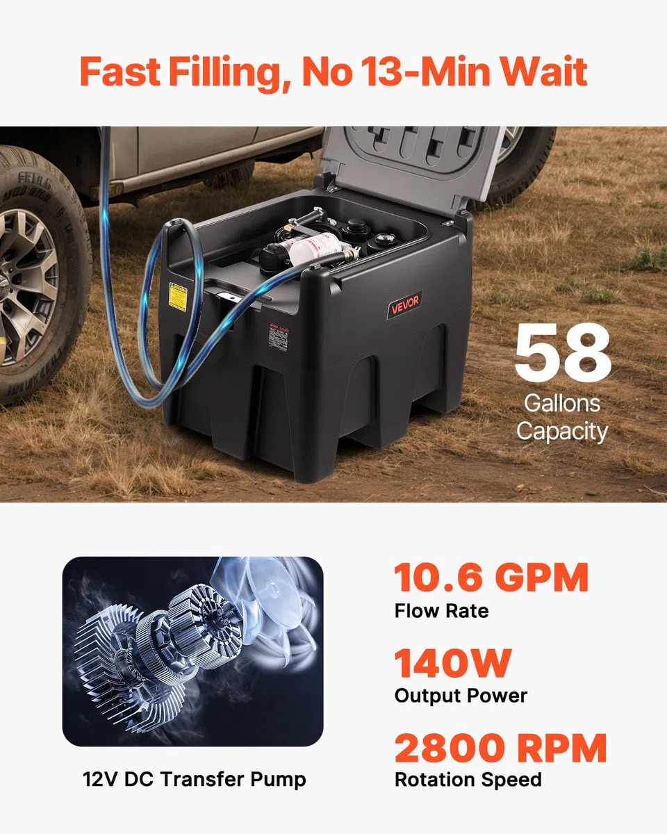 VEVOR Serbatoio per Diesel Portatile Capacità 220 Litri, Serbatoio per Carburante con Pompa di Trasferimento Elettrica da 12 V Potenza 140W, Lunghezza Cavo Alimentazione 3,9m, Nero