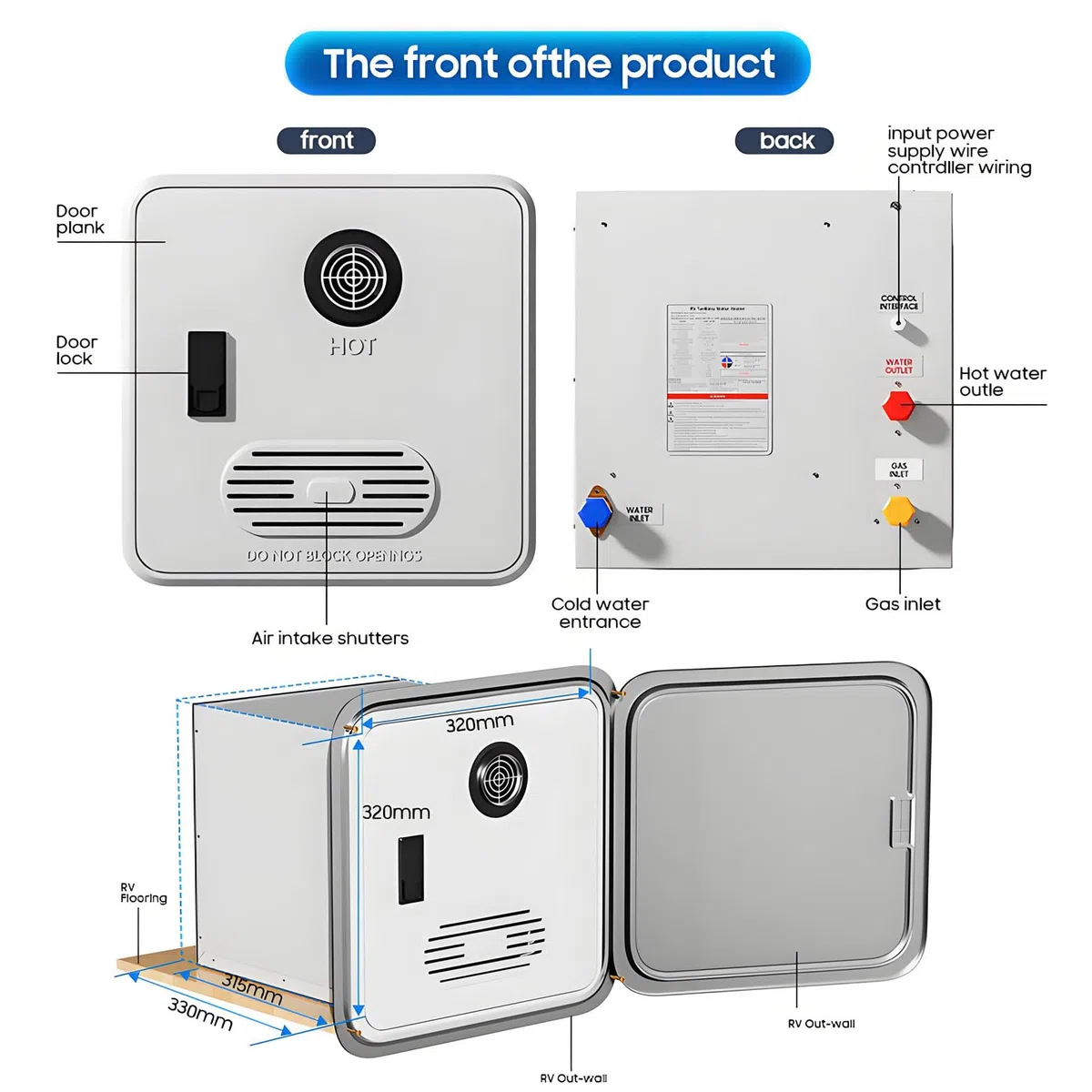 Scaldabagno istantaneo per Camper, Doccia istantanea, CC 12 V, con Porta da 15 x 15 Pollici, scaldabagno istantaneo a propano per Camper, scaldabagno per Doccia da Campeggio