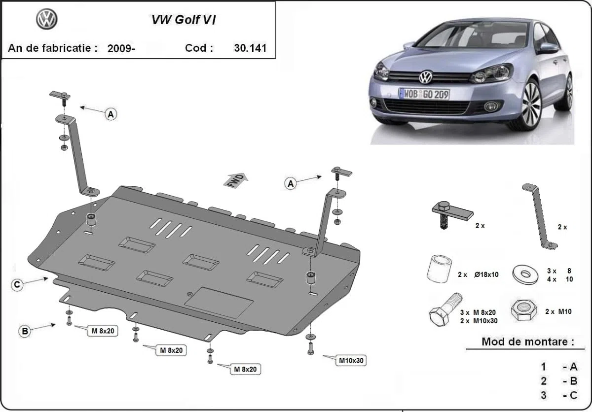 Protezione motore in metallo compatibile con VW Golf 6.