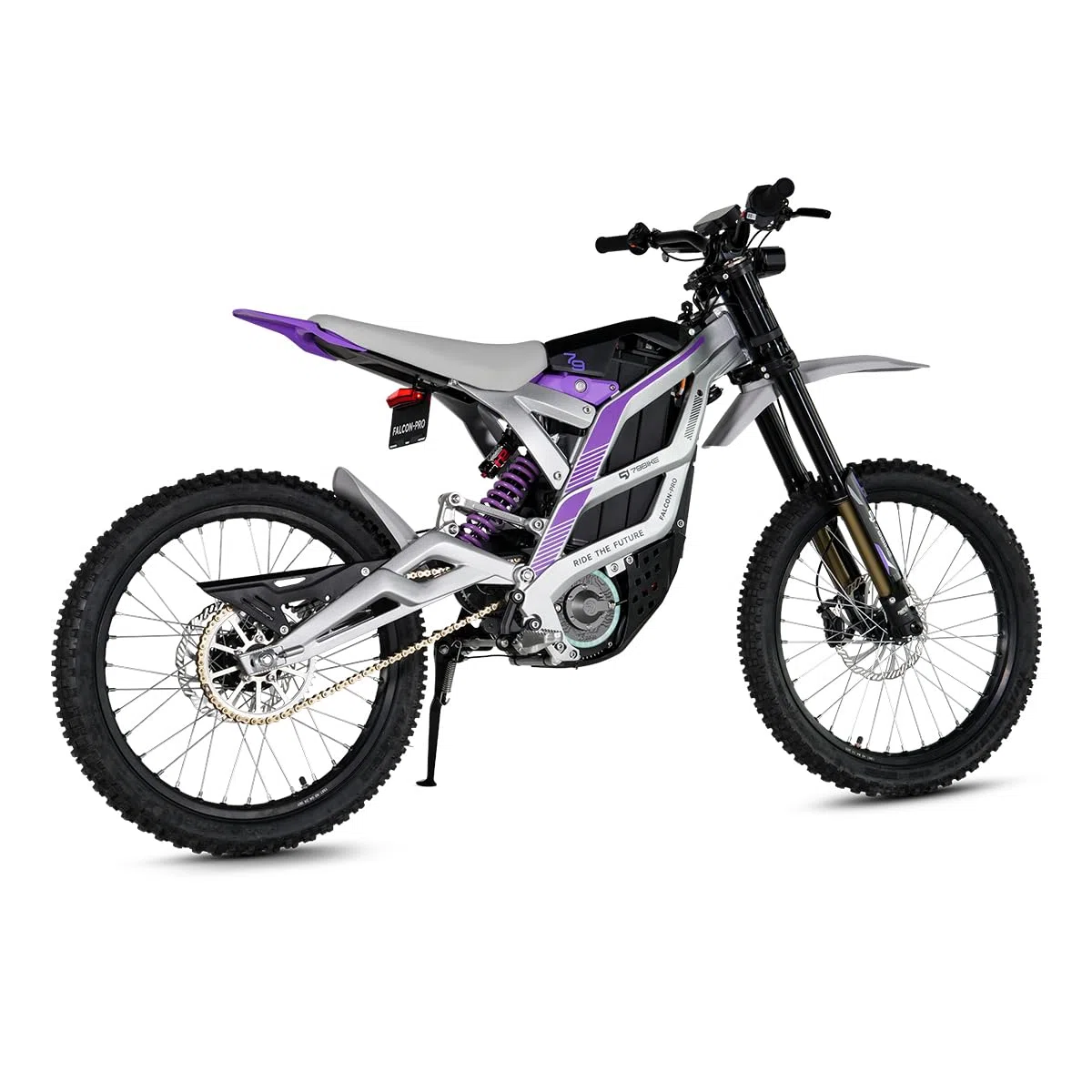79Bike Falcon Pro Dirt Bike elettrica per adulti, motocicletta elettrica da 19 pollici con batteria al litio da 72 V 35 Ah, autonomia di 125 km, motore 10 kW, bici elettrica da 410 Nm (argento viola)