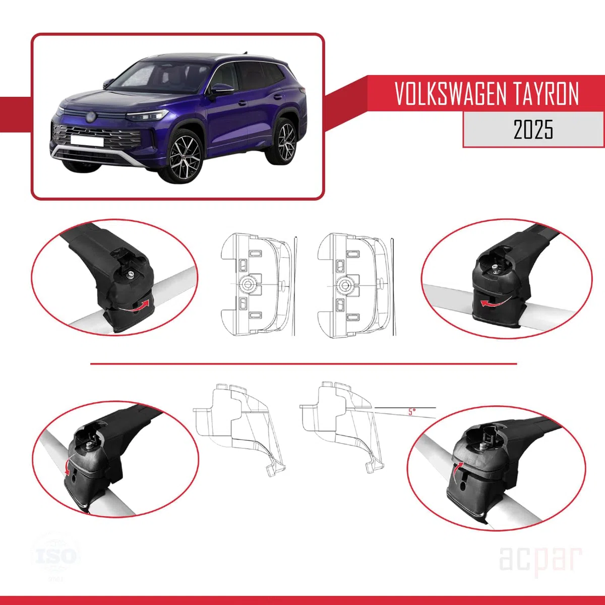 Compatibile con Volkswagen Tayron (DN) 2025-2026 Modello ACE-2 Barre Tetto Portapacchi Auto Barre Portatutto Nero Alluminio 2 Barre