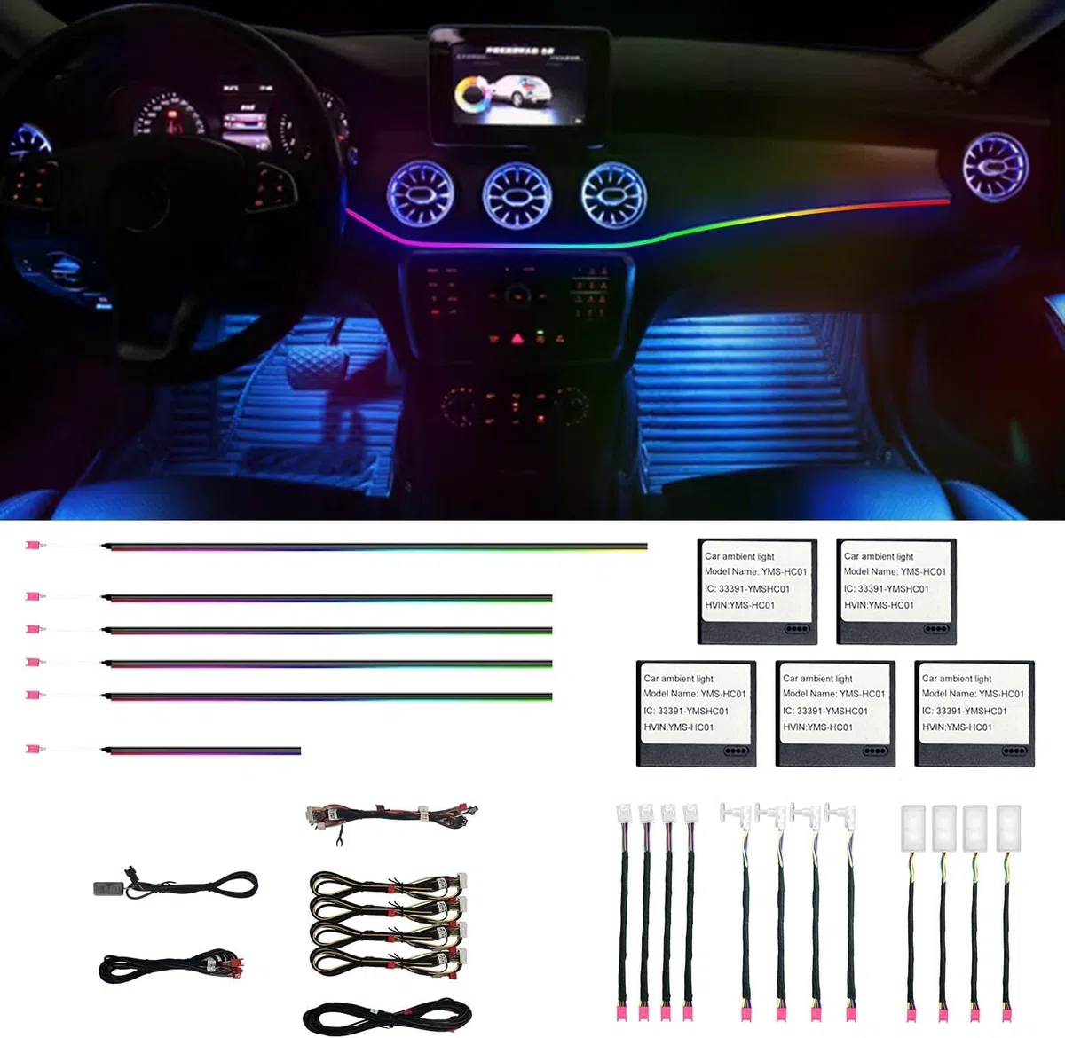 Luci ambiente per interni auto HMYC, striscia in fibra ottica acrilica con 128 LED colorati 18 in 1, decorazione universale con molteplici modalità e sincronizzazione musicale, controllo tramite APP