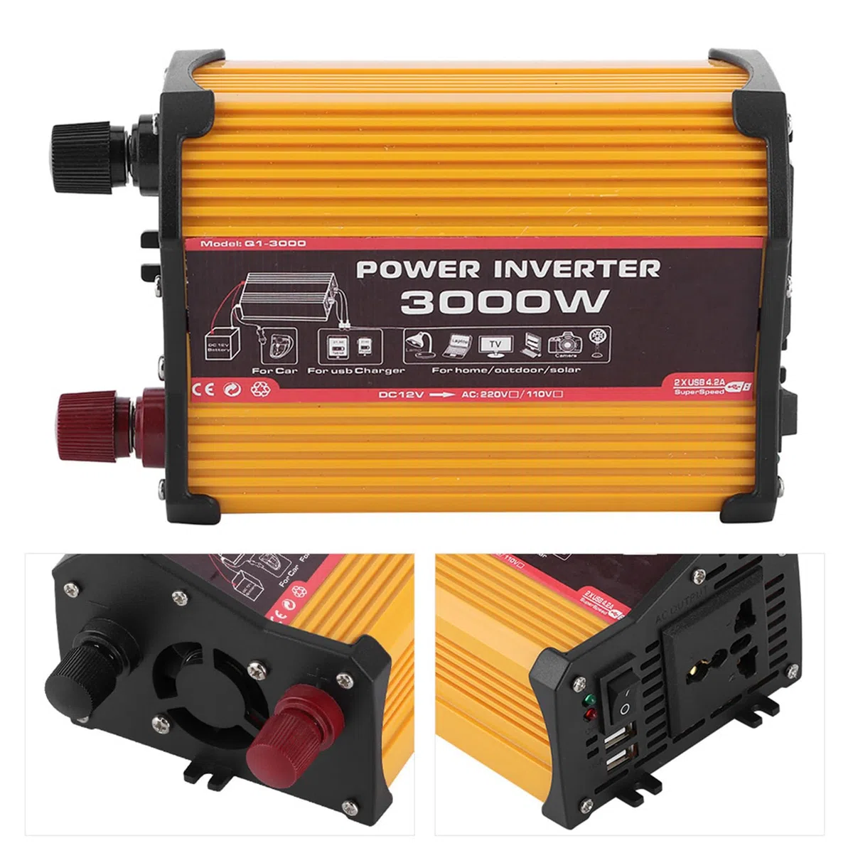 Inverter di da 3000W, convertitore CA automatico a onda sinusoidale modificata, convertitore adattatore per auto con doppia porta USB, ricarica rapida (da 12V a 110V)