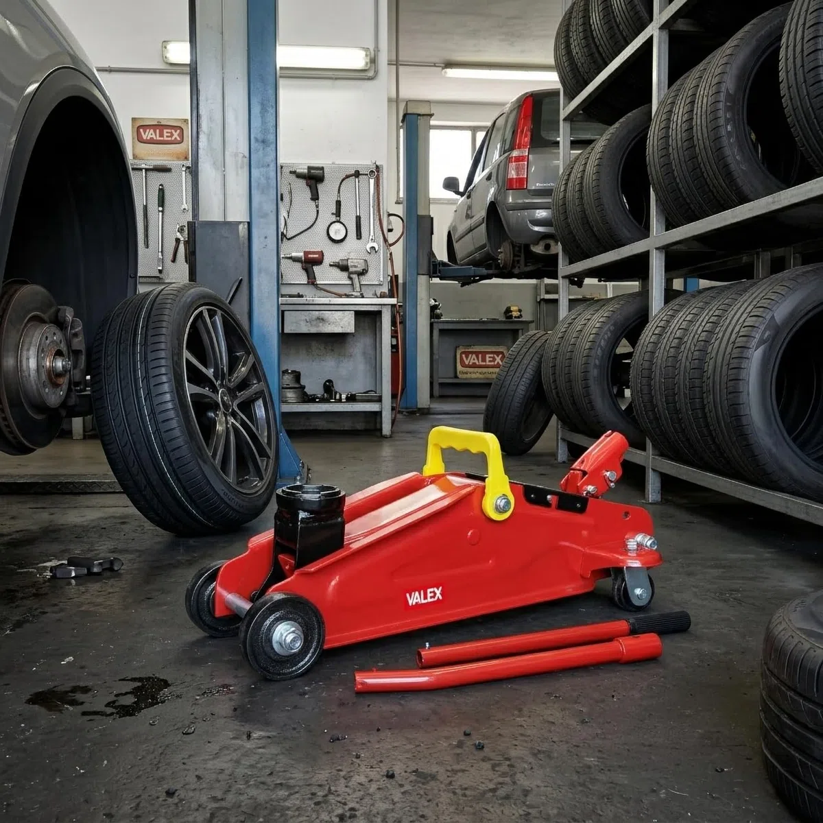 Valex Cric Idraulico a Carrello 2T – Portata 2000 kg, Altezza 135–340 mm, Maniglia Trasporto, Valigetta in Plastica Inclusa