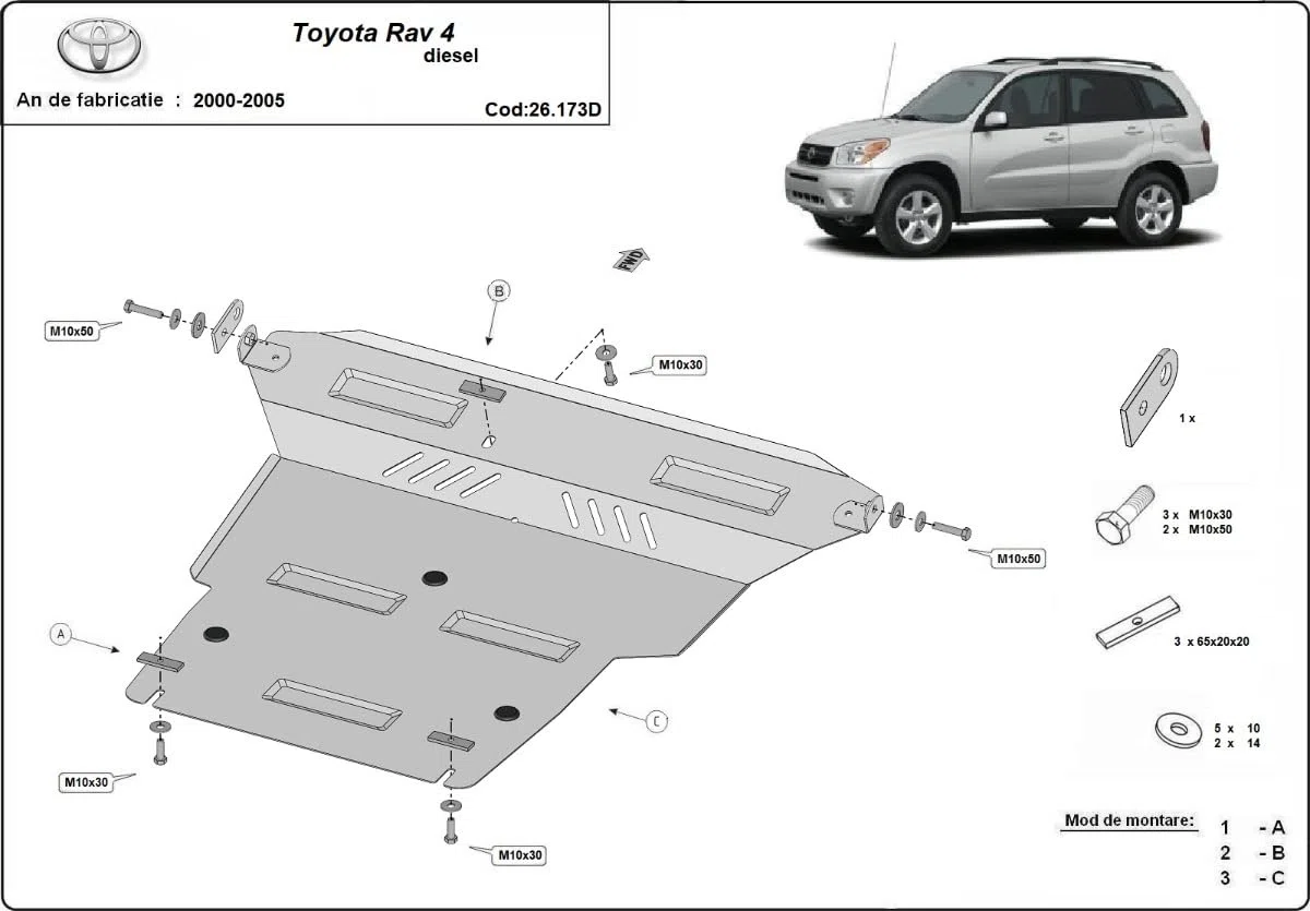 compatibile con Piastra paramotore di acciaio Toyota Rav4 Diesel (2000-2005)
