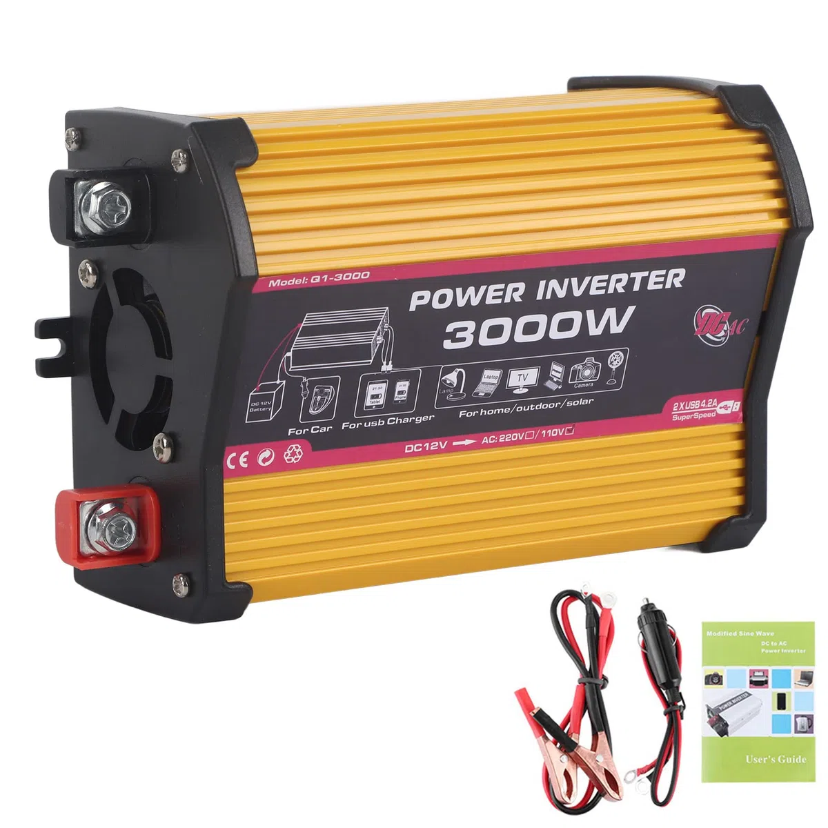 Inverter di da 3000W, convertitore CA automatico a onda sinusoidale modificata, convertitore adattatore per auto con doppia porta USB, ricarica rapida (da 12V a 110V)
