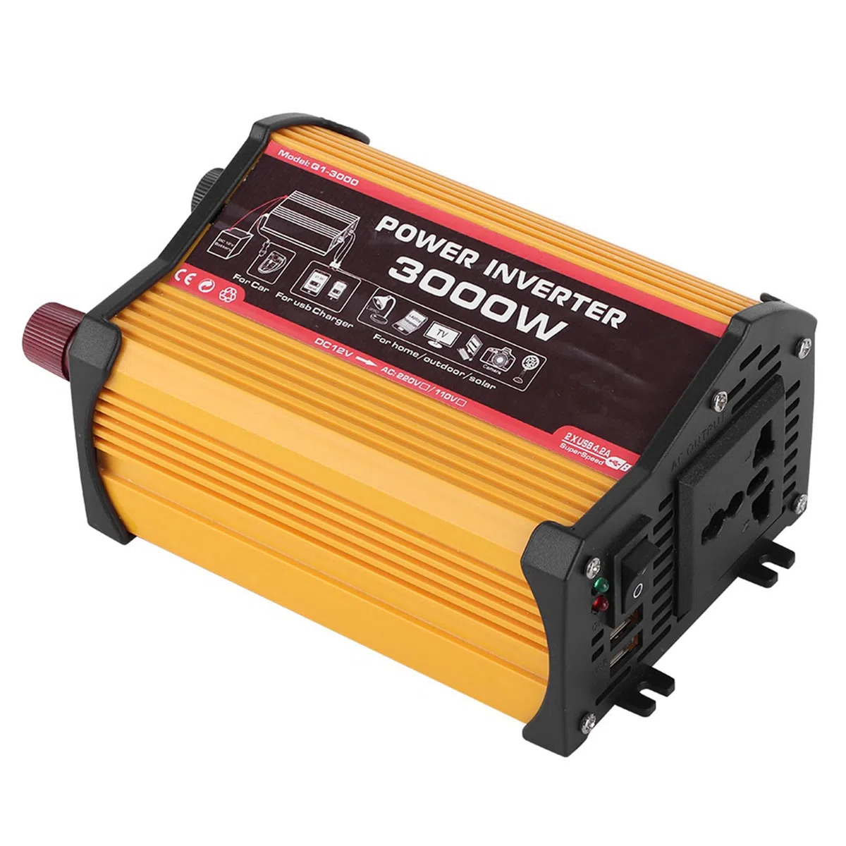Inverter di da 3000W, convertitore CA automatico a onda sinusoidale modificata, convertitore adattatore per auto con doppia porta USB, ricarica rapida (da 12V a 110V)