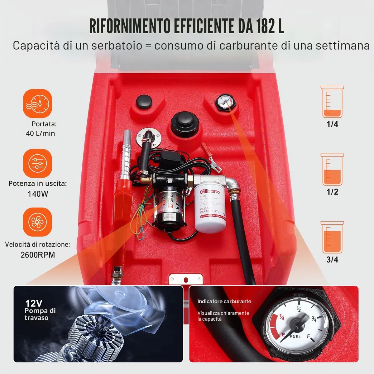 VEVOR Serbatoio Benzina Diesel Portatile 182L, Serbatoio Rifornimento Carburante, Pompa di Trasferimento 12V, 40 L/Min, Tubo Flessibile 4 m, Pistola per Rifornimento per Veicoli Settore Agricolo