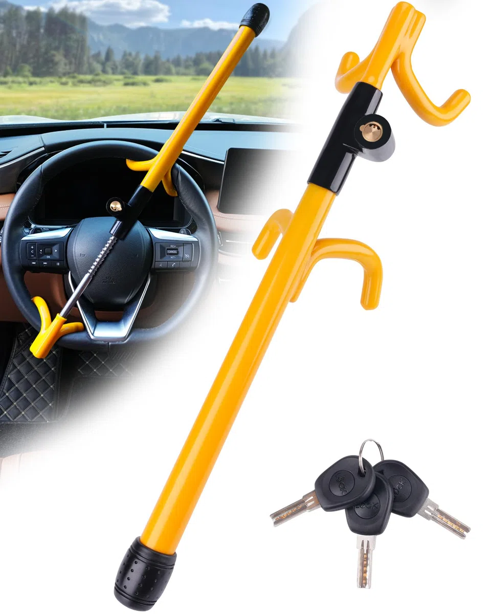 Tevlaphee Bloccasterzo a 4 Ganci, Dispositivo Antifurto Robusto ad Alta Visibilità, Compatibilità Universale per Auto, Furgoni, SUV, Adatto a Volanti fino a 41,5 cm, con 3 Chiavi(Giallo)